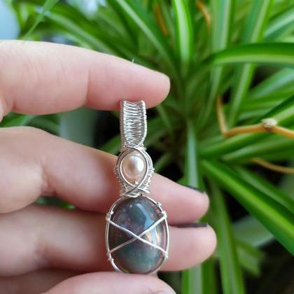Wire Wrapped Silver Gemstone And Pearl Pendant,..