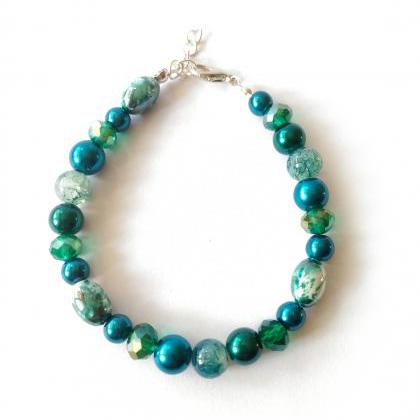 Teal Dark Green Bracelet, Green And Silver..