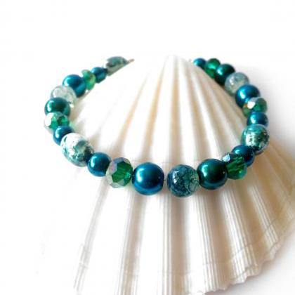 Teal Dark Green Bracelet, Green And Silver..