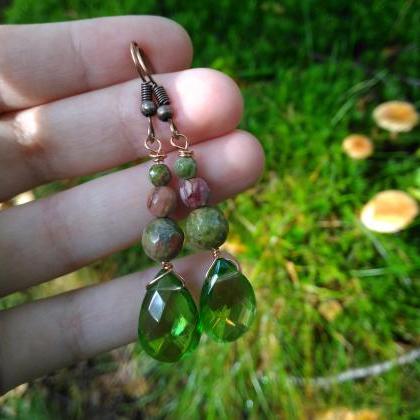 Green Mixed Gemstone Earrings, Unakite And..