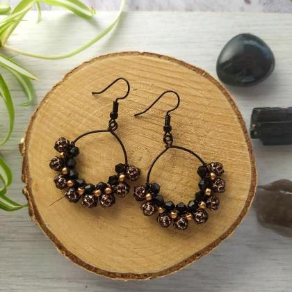 Black And Copper Bubbly Hoops, Wire Wrapped Black..