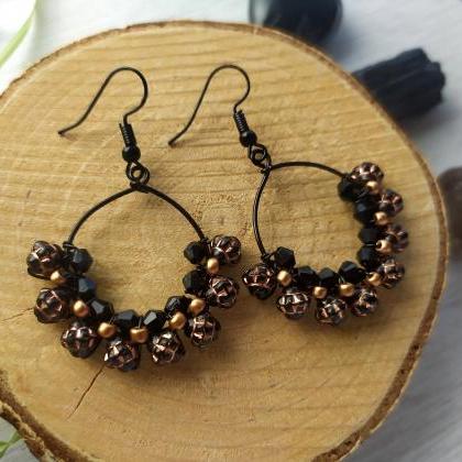 Black And Copper Bubbly Hoops, Wire Wrapped Black..
