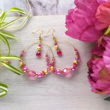 Pink Boho Hoops, Bohemian Hoop Earrings, Dark Pink..