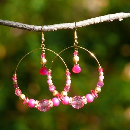 Pink Boho Hoops, Bohemian Hoop Earrings, Dark Pink..