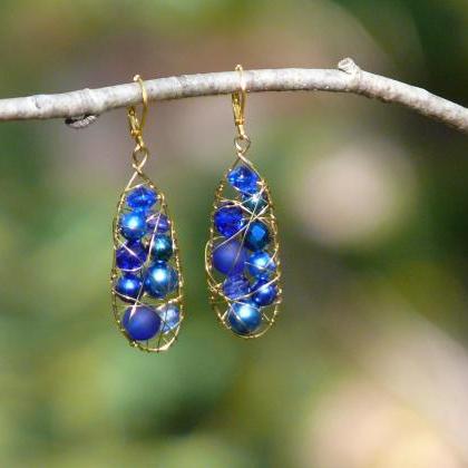 Royal Blue Wire Wrapped Drops, Long Dangle..