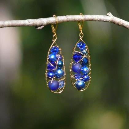 Royal Blue Wire Wrapped Drops, Long Dangle..