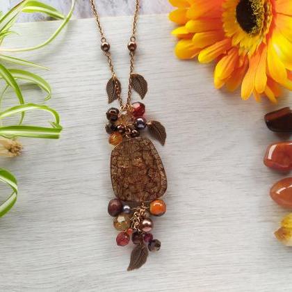 Long Autumn Brown Cluster Necklace, Brown Beaded..