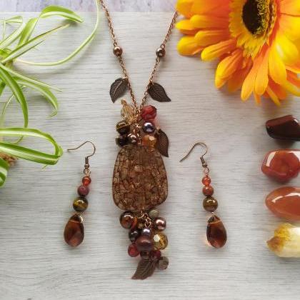 Long Autumn Brown Cluster Necklace, Brown Beaded..