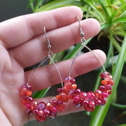 Red Beaded Earrings, Wire Wrapped Silver Hoops,..