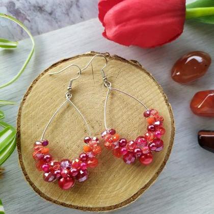 Red Beaded Earrings, Wire Wrapped Silver Hoops,..