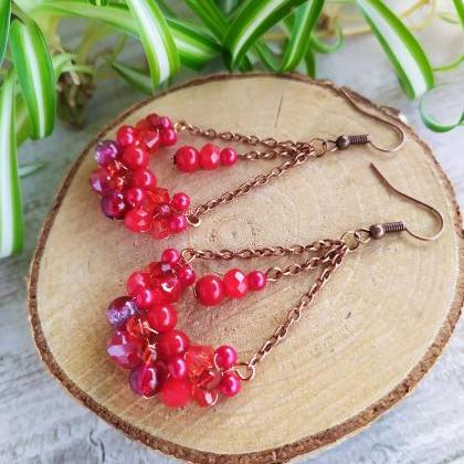 Red Copper Chandelier Earrings, Red Bubbly Swings,..