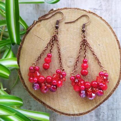 Red Copper Chandelier Earrings, Red Bubbly Swings,..