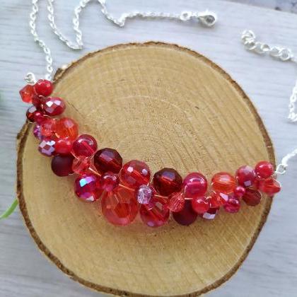 Red Beaded Bib Necklace, Christmas Jewelry, Bold..