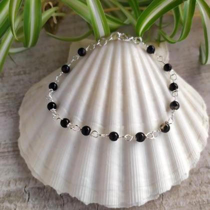 Black Agate Bead Chain Bracelet, Black Boho..