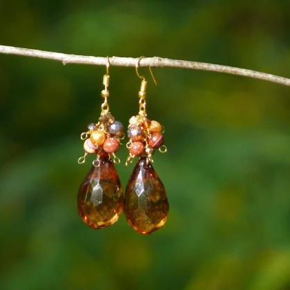 Autumn Cluster Earrings, Brown Gold Large Drop..
