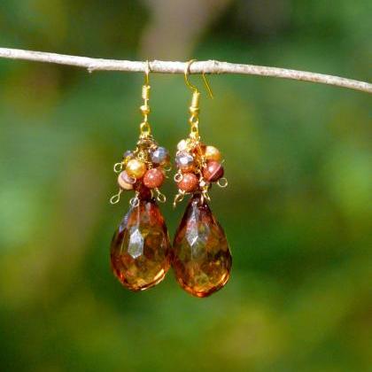 Autumn Cluster Earrings, Brown Gold Large Drop..