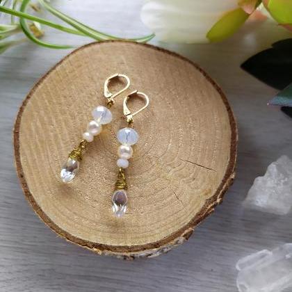 Elegant White And Gold Wedding Earrings, White..