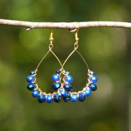 Blue And Gold Hoop Earrings, Royal Blue Boho..