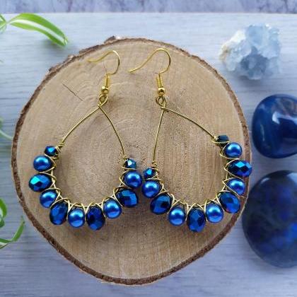 Blue And Gold Hoop Earrings, Royal Blue Boho..