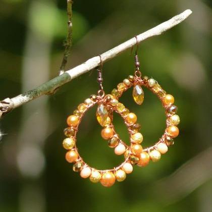 Orange Gold Earrings, Wire Wrapped Copper Hoops,..