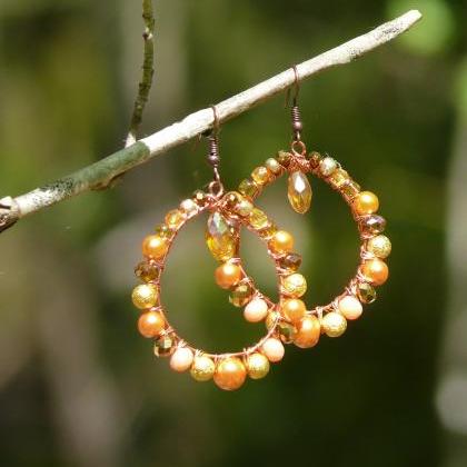 Orange Gold Earrings, Wire Wrapped Copper Hoops,..