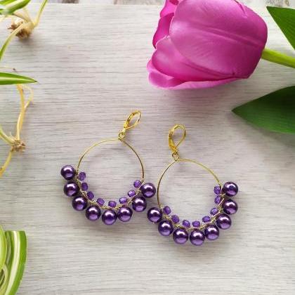 Purple Pearl Hoop Earrings, Bohemian Dark Purple..