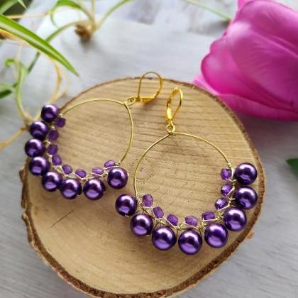Purple Pearl Hoop Earrings, Bohemian Dark Purple..