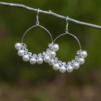 White Pearl Hoop Earrings, Bohemian Pearl White..