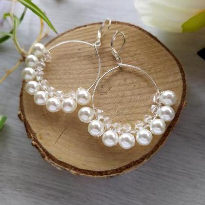 White Pearl Hoop Earrings, Bohemian Pearl White..