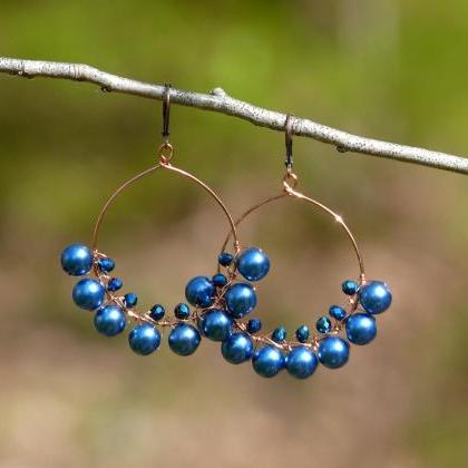 Blue Pearl Hoop Earrings, Bohemian Pearl Blue..