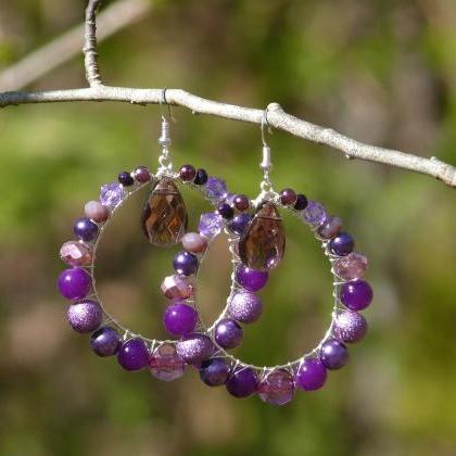Purple Hoop Earrings, Wire Wrapped Purple Boho..