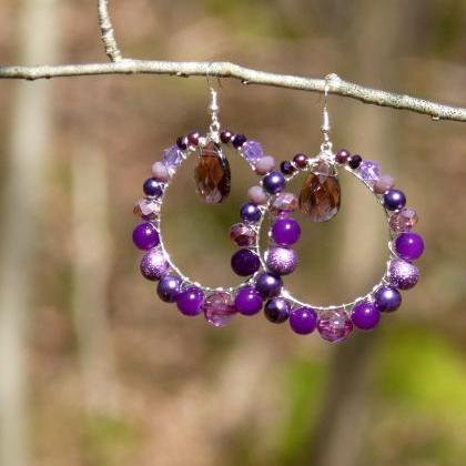 Purple Hoop Earrings, Wire Wrapped Purple Boho..