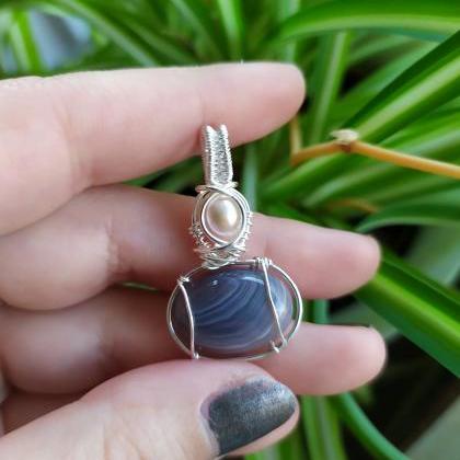 Wire Wrapped Silver Gemstone And Pearl Pendant,..