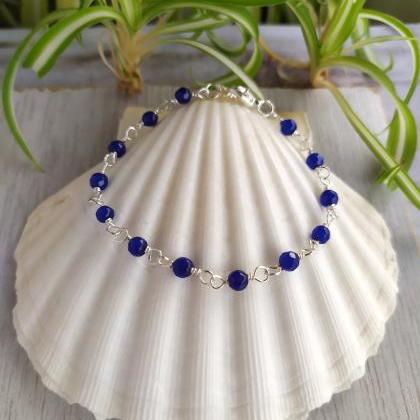 Blue Agate Bead Chain Bracelet, Royal Blue Boho..