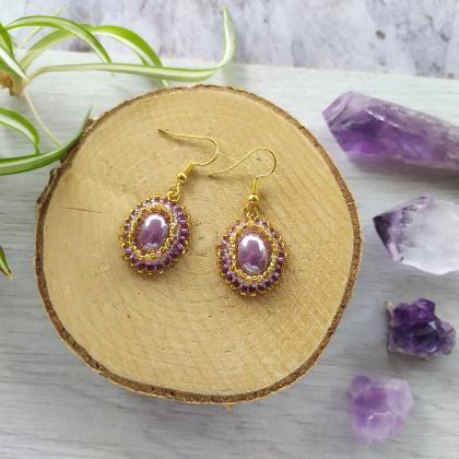 Lavender Purple And Gold Earrings, Bead..