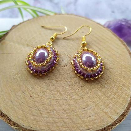 Lavender Purple And Gold Earrings, Bead..