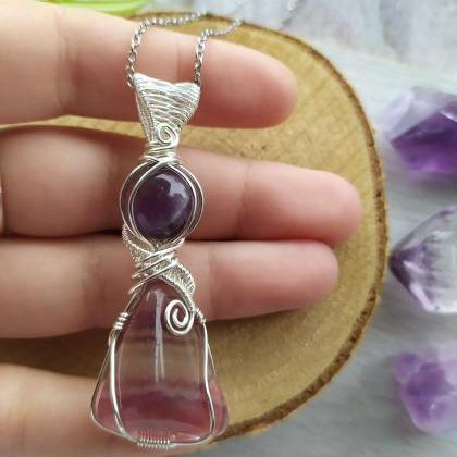 Fluorite And Amethyst Wire Wrapped Pendant, Purple..
