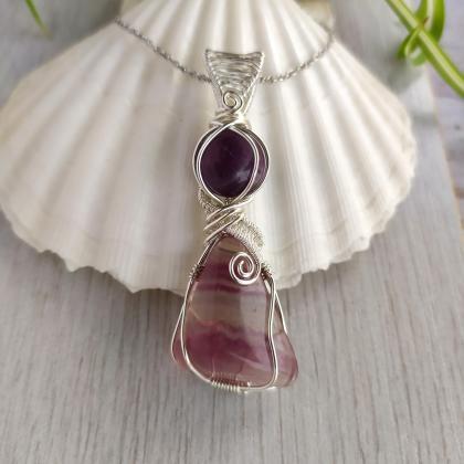 Fluorite And Amethyst Wire Wrapped Pendant, Purple..