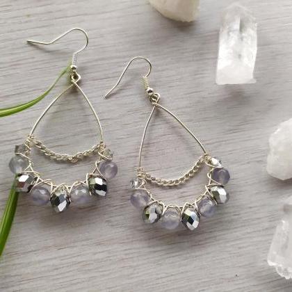 Silver And Grey Dangle Earrings, Wire Wrapped..