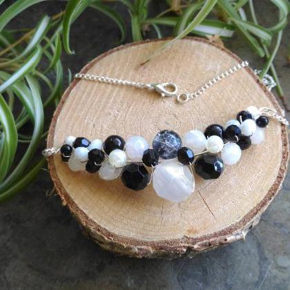 Black And White Necklace, White And Black Beaded..