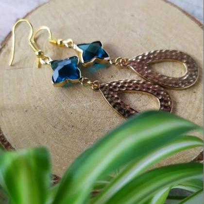 Blue Gold Dangle Earrings, Ocean Blue Boho..