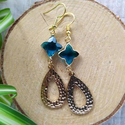 Blue Gold Dangle Earrings, Ocean Blue Boho..
