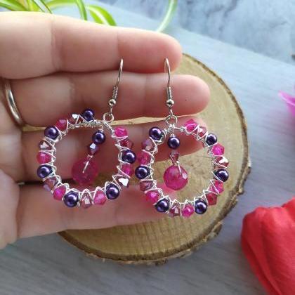 Purple Red Pink Hoop Earrings, Wire Wrapped Purple..