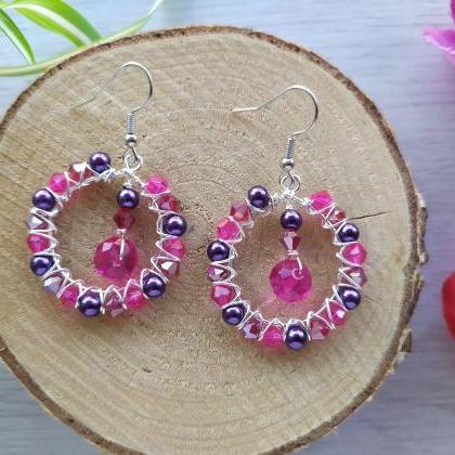 Purple Red Pink Hoop Earrings, Wire Wrapped Purple..
