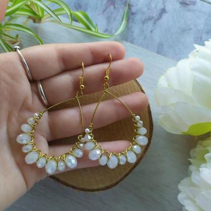 White Wedding Earrings, White And Gold Pearl..