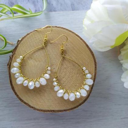 White Wedding Earrings, White And Gold Pearl..