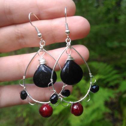 Black And Red Gemstone Earrings, Black Onyx Drop..