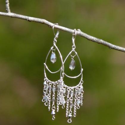 Silver Moon Chandelier Earrings, Long Wire Wrapped..