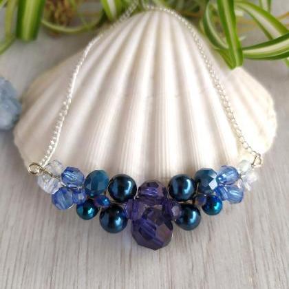 Dark Blue Necklace, Boho Bib Necklace, Blue Ombre..
