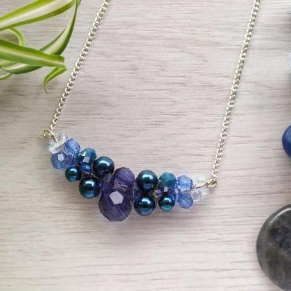 Dark Blue Necklace, Boho Bib Necklace, Blue Ombre..